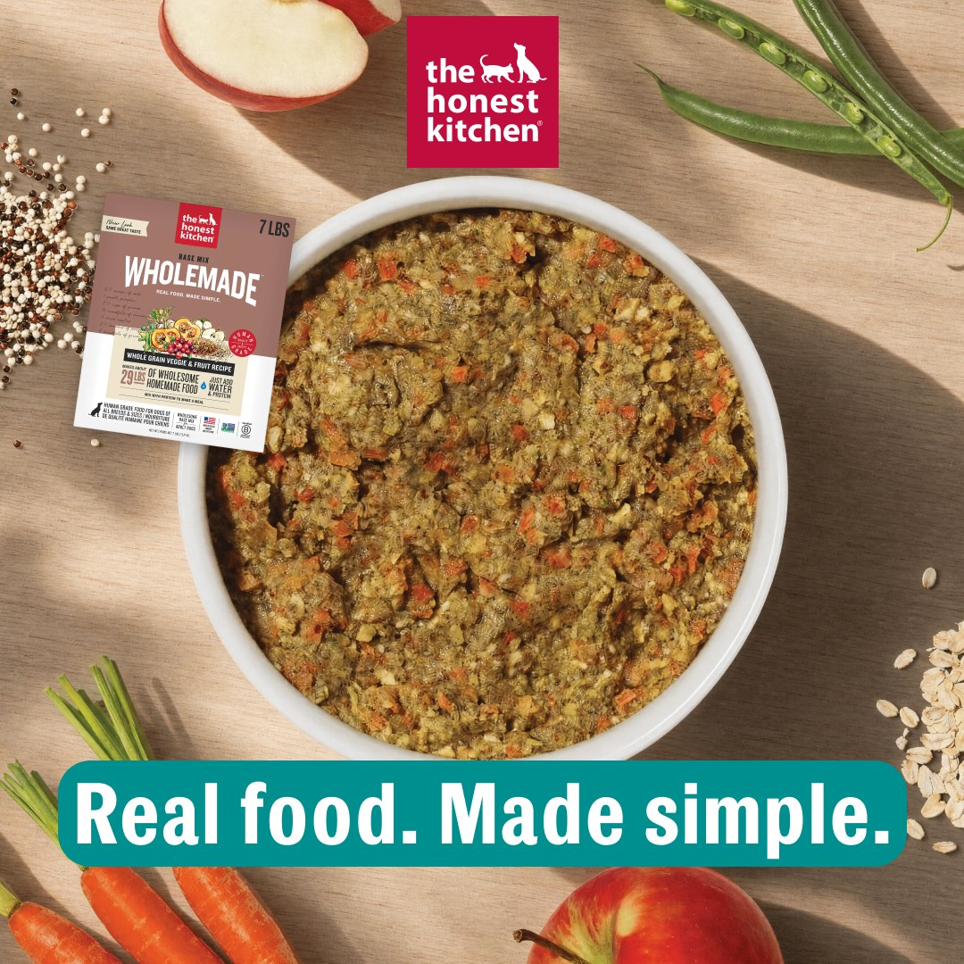 Image 5: The Honest Kitchen static reference with a large bowl of prepared food, a WholeMade base-mix package, ingredient styling, and the headline Real food. Made simple.