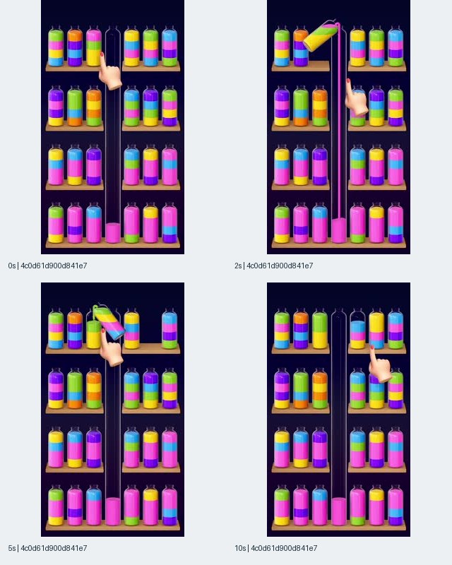 图7:Magic Sort! 记录4c0d61d900d841e7的关键帧拼图,0、2、5、10秒画面中大手指在瓶子排序盘面上指示不同位置