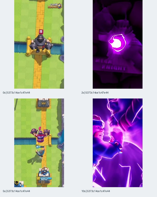 Image 2: Clash Royale iOS-linked record 5373c14ce1c47e44 contact sheet with an armored bridge unit, purple emblem, arena confrontation, and purple cinematic character close-up
