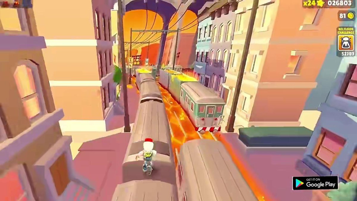 图5:关联 Subway Runner Surfers Platform 的截图,角色靠近列车顶部边缘,旁侧为橙色轨道区域和迎面列车