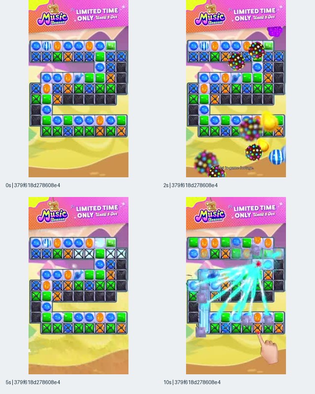 图3:关联 Candy Crush Saga iOS 条目的 379f618d2786 记录关键帧拼图,顶部为 Music Season 限时活动文字,下方展示曲折障碍棋盘和亮色特效