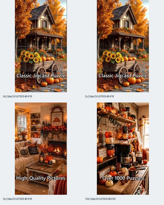Image 8: Halloween Jigcard Puzzle contact sheet showing an autumn house and pumpkin wagon, a decorated living room, and a Halloween coffee station with puzzle-related captions