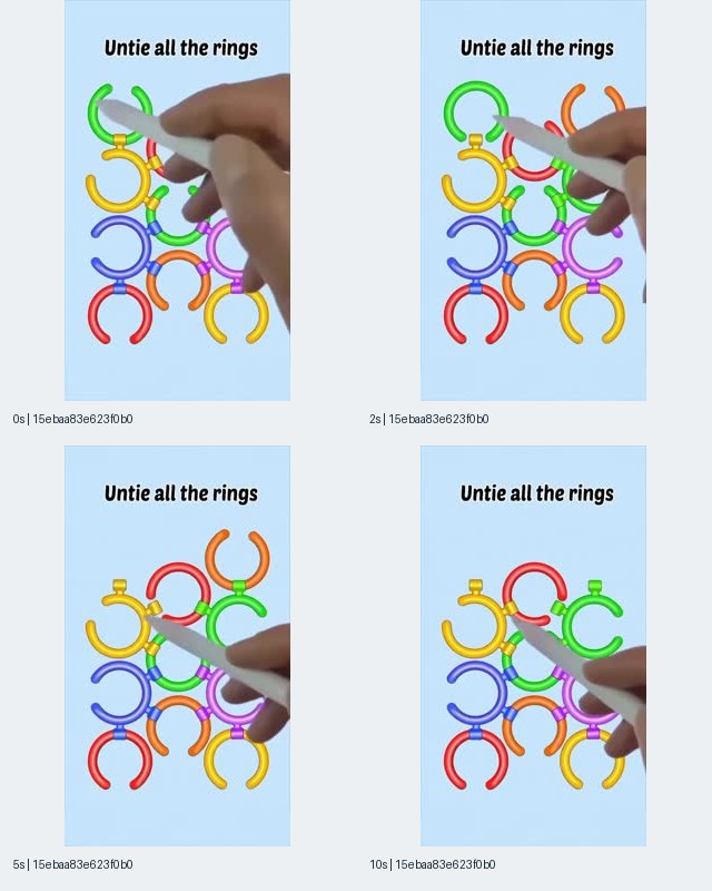 图8:关联 Rotate Rings iOS 条目的记录15ebaa83,浅蓝背景上写有 Untie all the rings,白色指示笔指向彩色圆环谜题