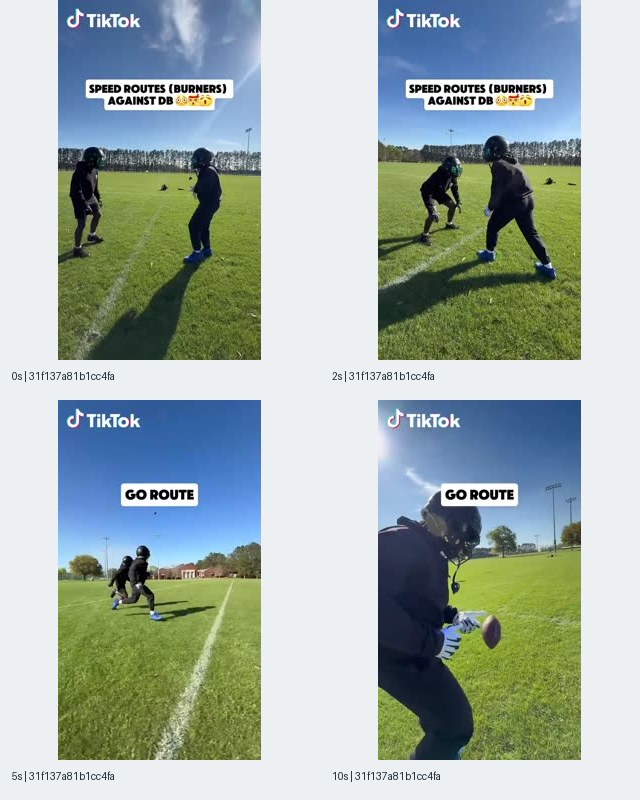 样本1:TikTok 关联记录的橄榄球路线训练关键帧拼图,展示 0、2、5、10 秒画面,正文另含黑五购物文案