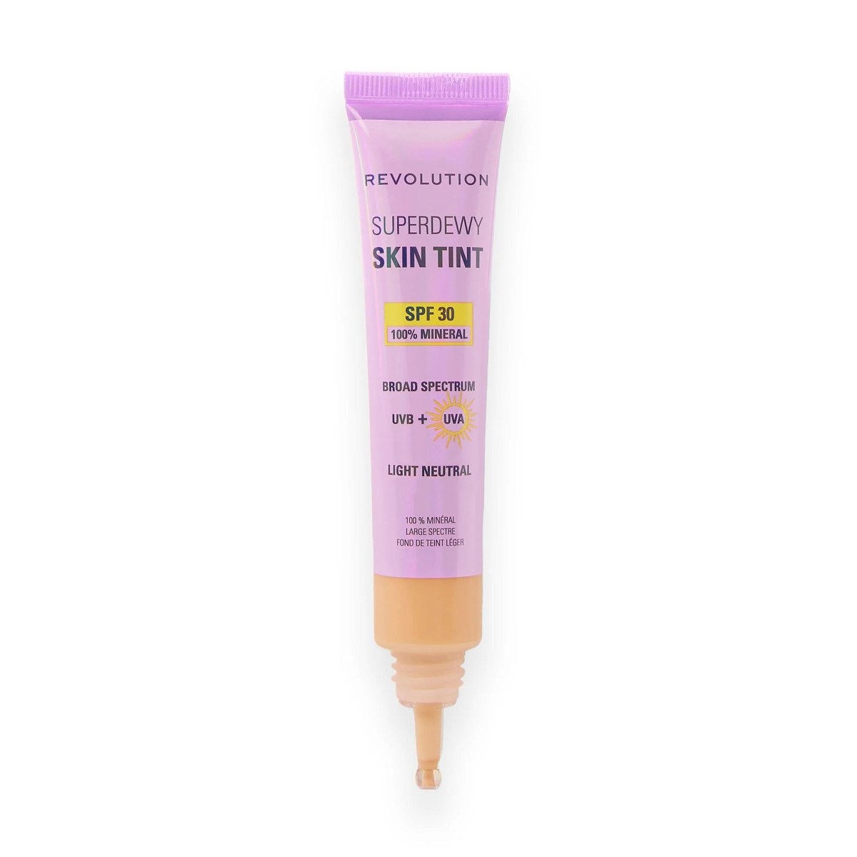 Sample 3: Revolution Superdewy Skin Tint tube displaying SPF 30, mineral wording, and Light Neutral shade text against a white background