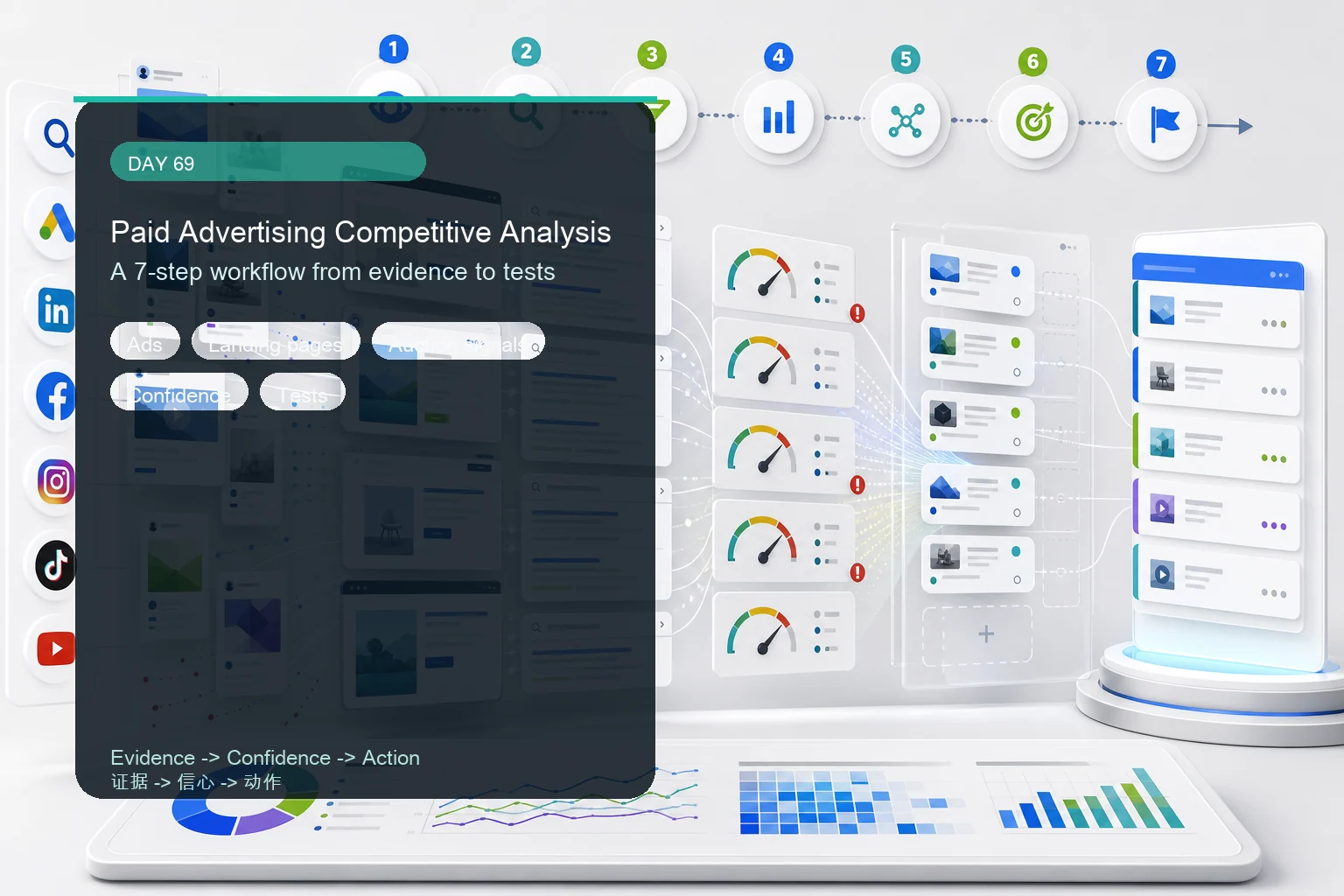 Paid advertising competitive analysis workflow: ads, landing pages, auction signals, confidence, and tests