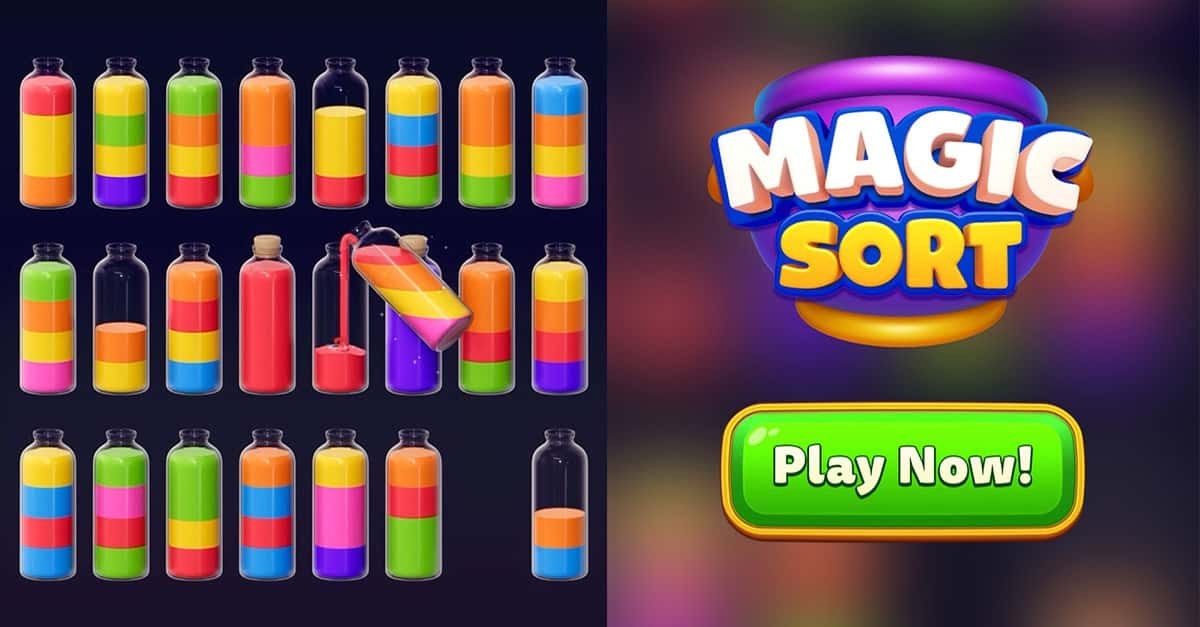 图4:Magic Sort! 静态广告图,左侧为分层彩色瓶和倾倒示意,右侧为Magic Sort标识及绿色Play Now按钮
