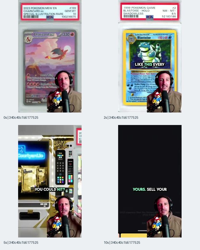 Courtyard iOS record 340c40c1b5177525ec5095319315ee3a contact sheet showing graded Charizard and Blastoise cards, a microphone presenter, and a Courtyard-branded machine