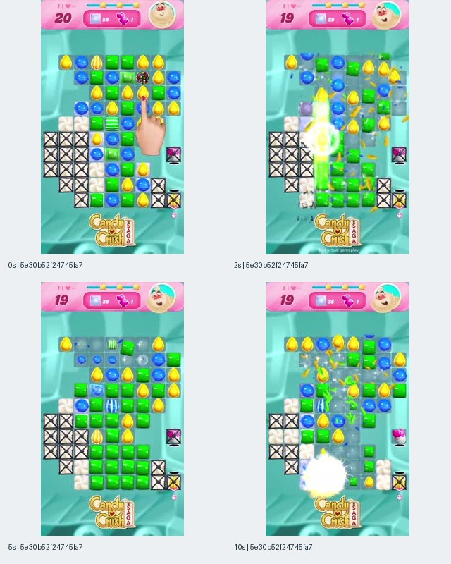 图2:关联 Candy Crush Saga iOS 条目的 5e30b52f2474 记录关键帧拼图,手指指向黄色糖果,后续画面出现亮色消除效果与障碍变化