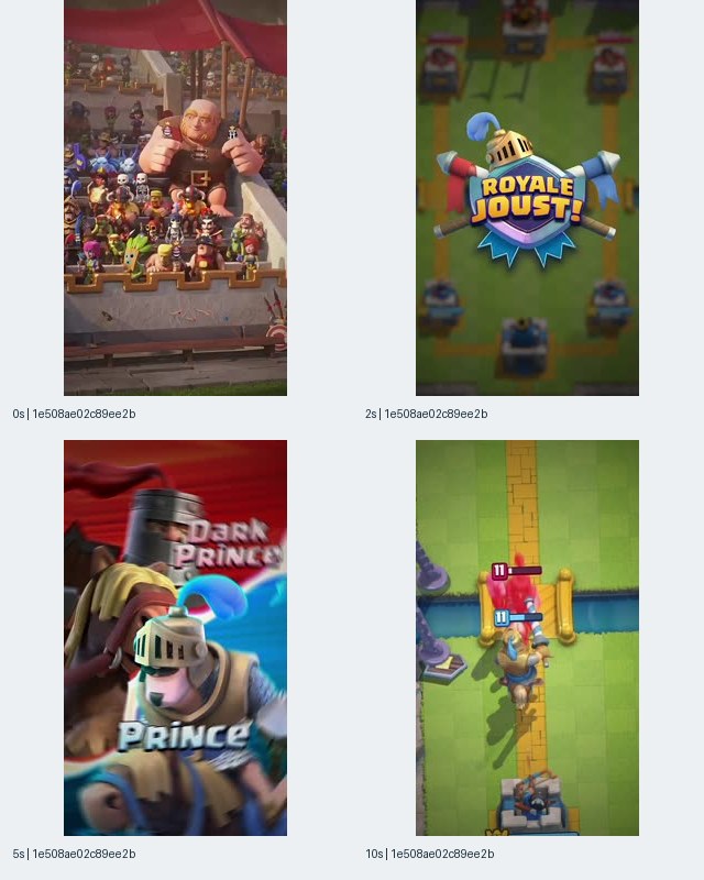 Image 1: Clash Royale iOS-linked record 1e508ae02c89ee2b contact sheet showing a character display, Royale Joust title, Prince and Dark Prince labels, and a bridge confrontation