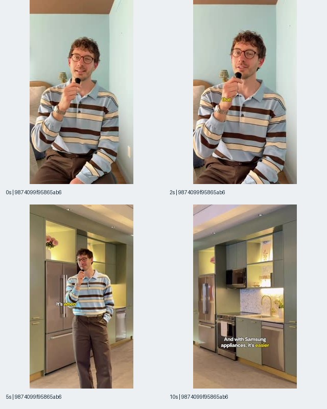 Figure 1: Samsung-associated record 9874099f95865ab67c26b13599cf8f28, with seated presenter at 0 and 2 seconds, kitchen presenter at 5 seconds, and appliances at 10 seconds
