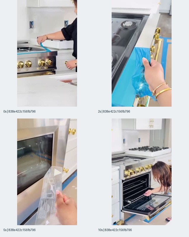 Image 2: ZLINE Kitchen and Bath video contact sheet at 0, 2, 5, and 10 seconds showing a range, blue protective-film removal, the oven door, and an open oven interior