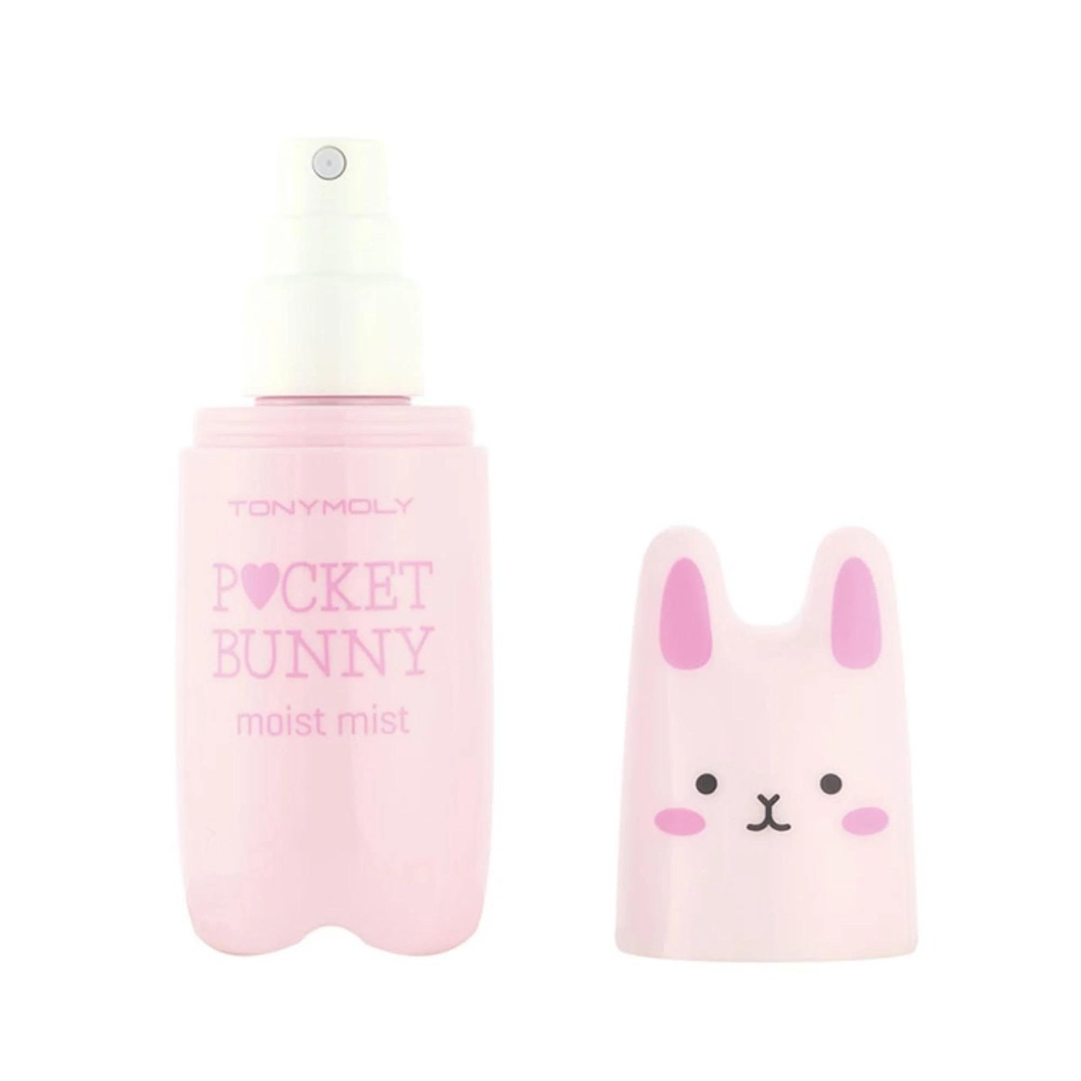 Sample 2: TONYMOLY Pocket Bunny moist mist bottle with an exposed spray pump and a pink bunny-shaped cap on a white background