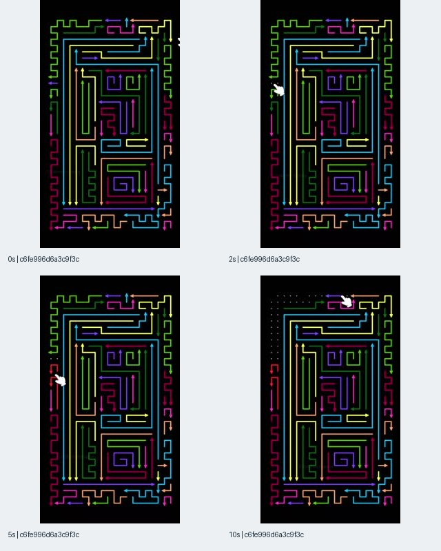 Sample 1: Amaze GO iOS-linked record c6fe996d contact sheet showing colored arrow paths on black and a hand pointer at 0, 2, 5, and 10 seconds