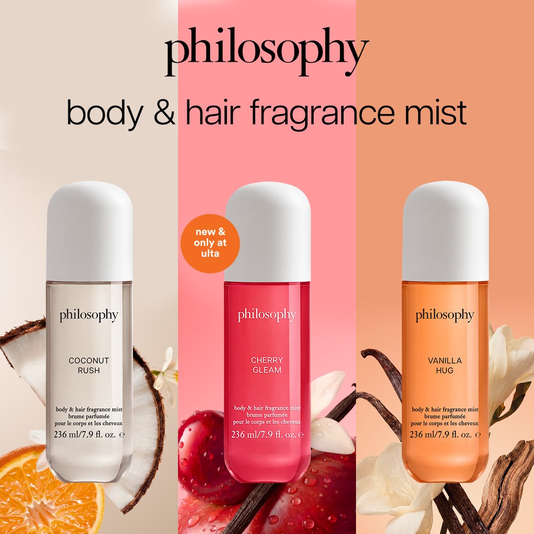 图1:Philosophy Coconut Rush、Cherry Gleam 与 Vanilla Hug 三瓶身体及头发香氛喷雾,旁有 Ulta 独家上新橙色徽章