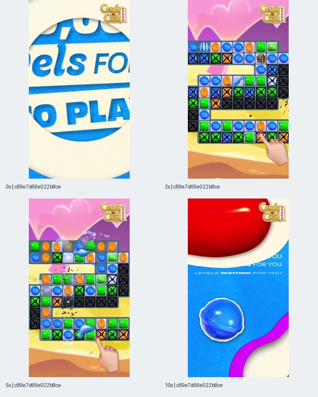 图7:关联 Candy Crush Saga iOS 条目的 c89e7d66e022 记录关键帧拼图,蓝白大字开场后展示棋盘与手指,10秒为红色糖果和蓝色背景转场