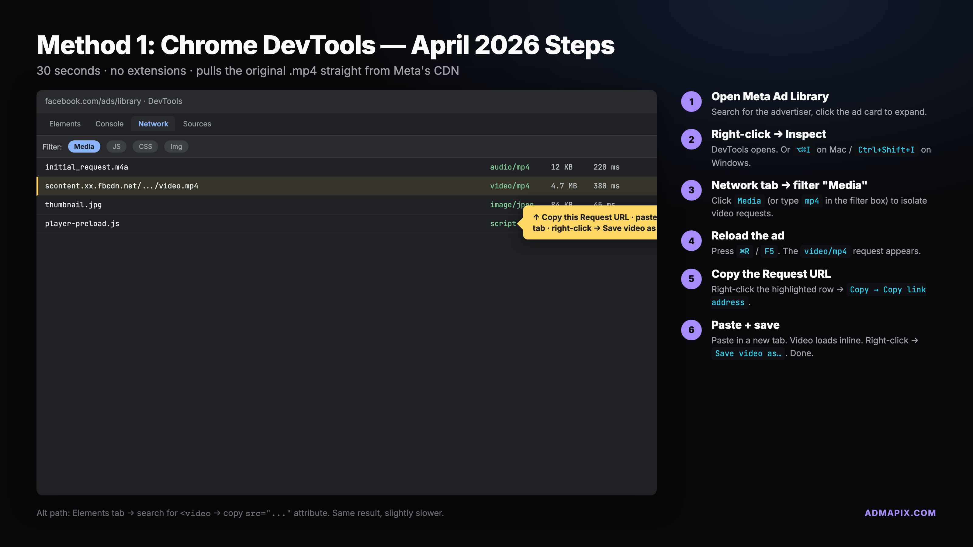 Chrome DevTools Network tab showing the Media filter and an isolated .mp4 request