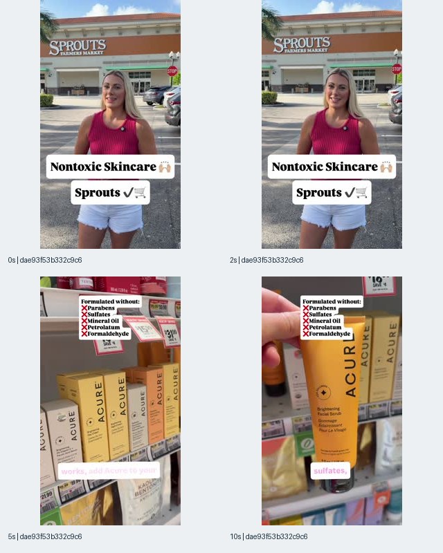 Sample 4: Sprouts and Acure contact sheet showing a presenter outside the store, Acure shelf products, and a facial scrub tube at 0, 2, 5, and 10 seconds