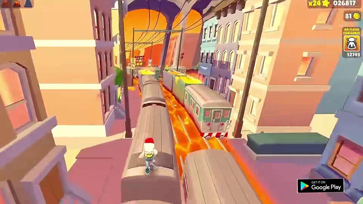 图3:关联 Subway Runner Surfers Platform 的横向截图,角色站在列车顶部,城市建筑之间的轨道区域呈橙色
