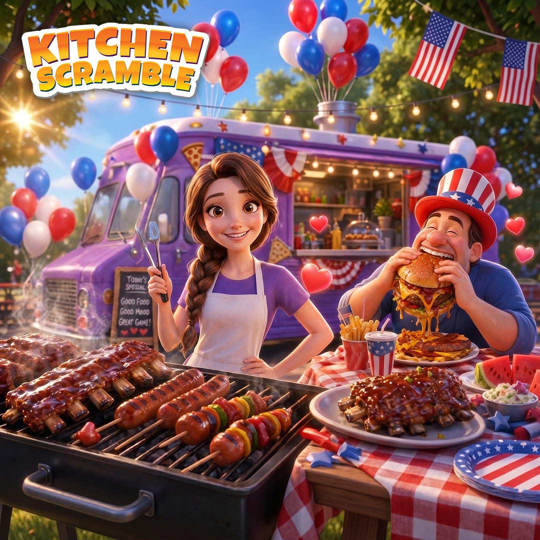 Image 1: Kitchen Scramble listing reference showing a braided cooking character beside a barbecue grill, a diner eating a burger, and a purple food truck with patriotic decorations