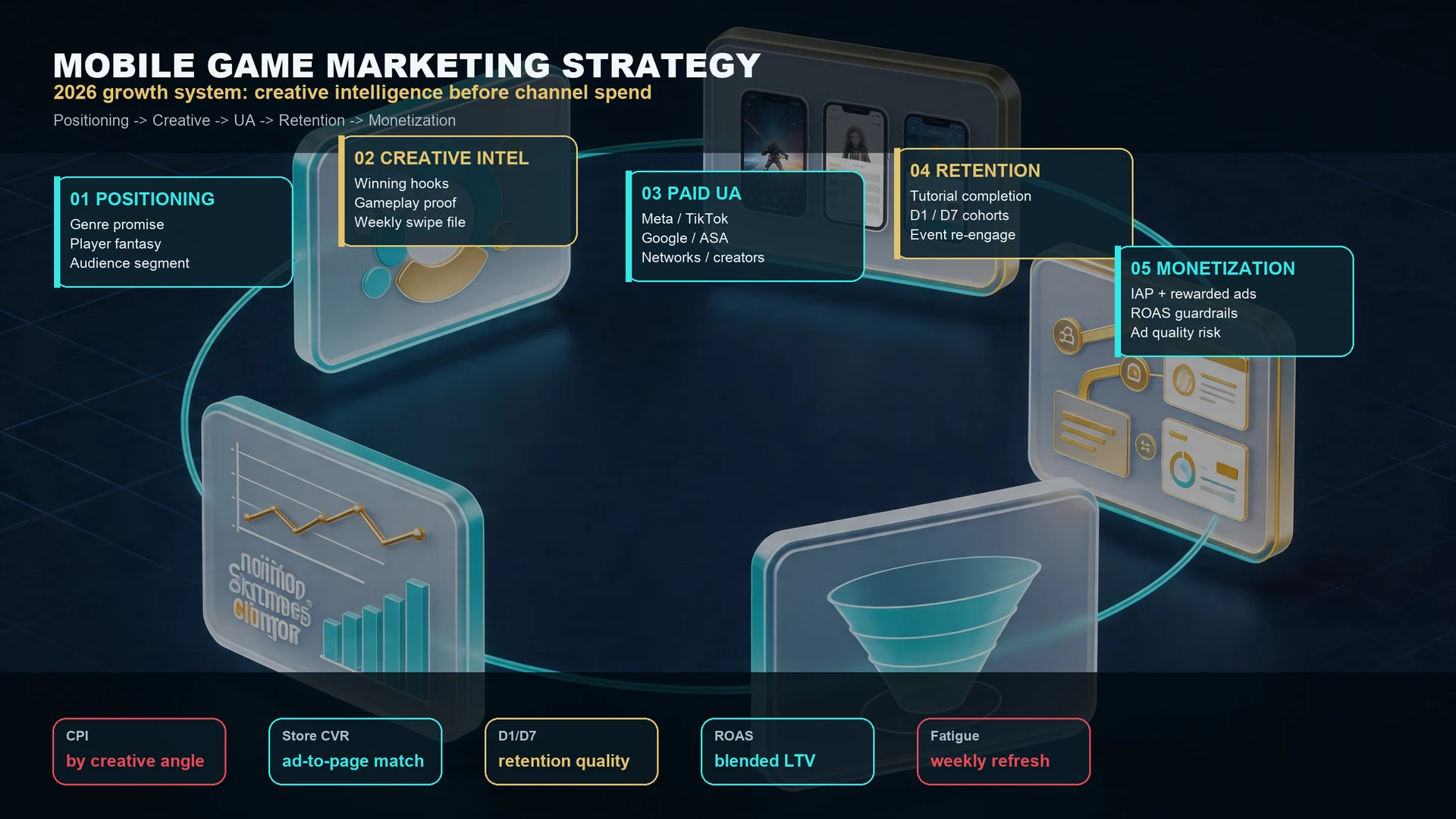 Mobile game marketing strategy workflow showing positioning, creative intelligence, paid UA, retention, monetization, and KPI guardrails