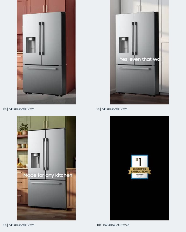 Image 3: Samsung-associated refrigerator contact sheet showing red, light, and green cabinet settings at 0, 2, and 5 seconds, followed by a customer-satisfaction badge at 10 seconds