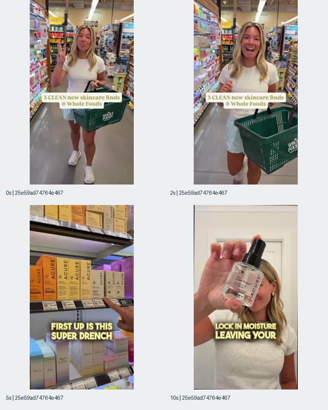 Sample 4: Whole Foods skincare contact sheet at 0, 2, 5, and 10 seconds, showing a presenter, ACURE shelf, and bottle close-up