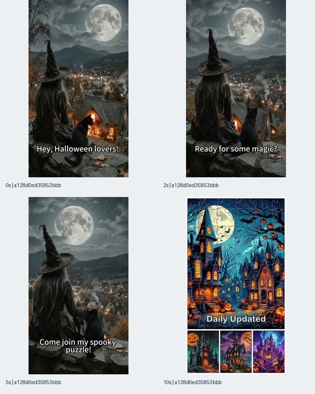 Image 3: Ghostly Halloween Jigsaw contact sheet showing a witch and black cat above a moonlit village, followed by a colorful haunted-village puzzle and the words Daily Updated