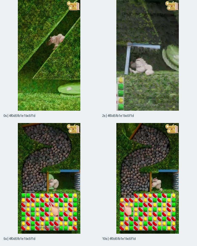 图4:关联 Candy Crush Saga iOS 条目的 4f0d5fb1e1bc 记录关键帧拼图,绿色场景中的白色角色与通道先出现,随后下方加入糖果棋盘和手指提示