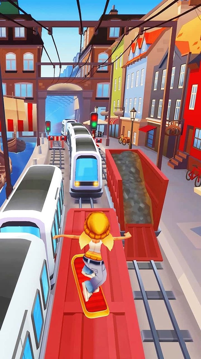 图7:关联 Subway Runner Surfers Platform 的竖向图片,角色踩板位于红色车厢上方,前方有白色列车、彩色建筑与左侧水面