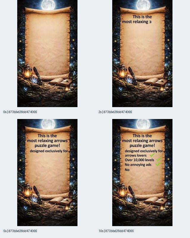 Sample 4: Amaze GO iOS-linked record 873bbd28 contact sheet showing a parchment scroll in a moonlit scene with relaxation, level-count, and No annoying ads copy