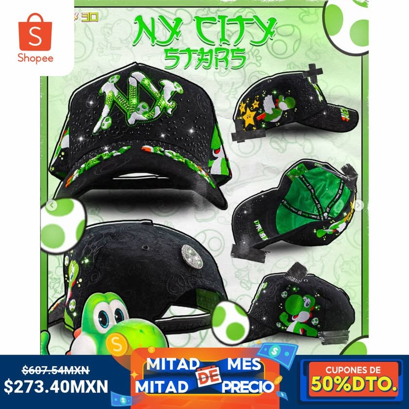 Figure 6. Shopee MX cap ad with multiple product views, crossed-out MXN 607.54, displayed MXN 273.40, and a 50 percent coupon banner
