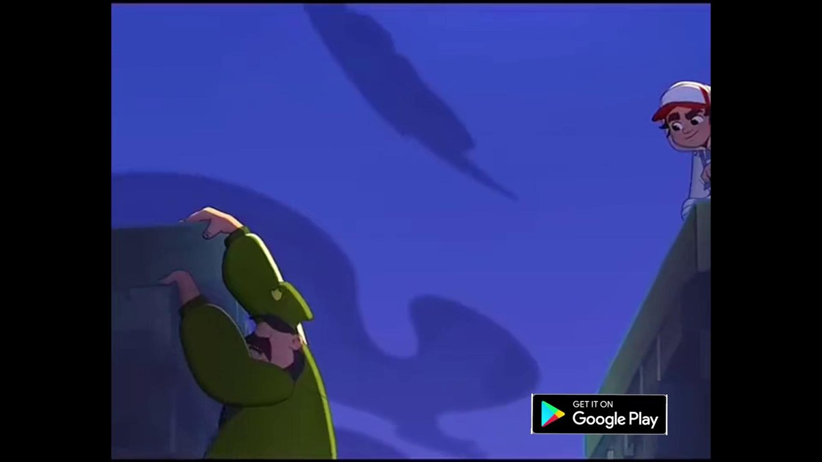 图4:关联 Subway Runner Surfers Platform 的蓝色插画画面,左侧人物抓住边缘,右上方另一角色探头向下看