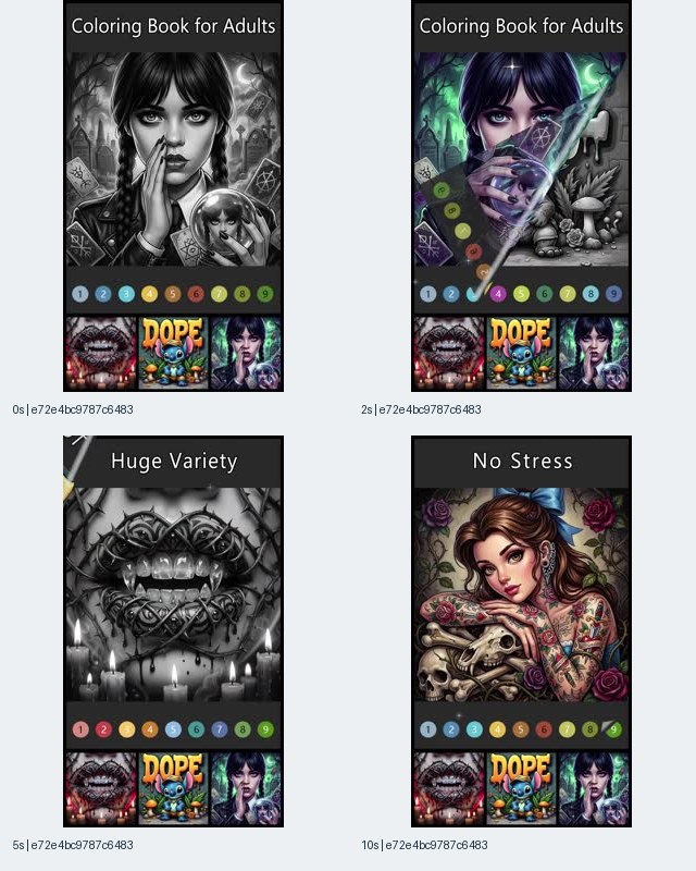 Image 5: Halloween Color By Number Book contact sheet showing grayscale and colored gothic portraits, a numbered color palette, thumbnail choices, and the captions Huge Variety and No Stress