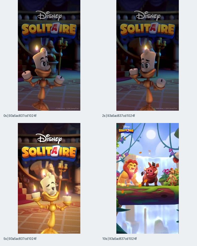 Figure 1. Disney Solitaire contact sheet for record 93a5ac837cd1024fe5e94feaf38c39c3, showing Lumiere at 0, 2, and 5 seconds and Lion King characters at 10 seconds.
