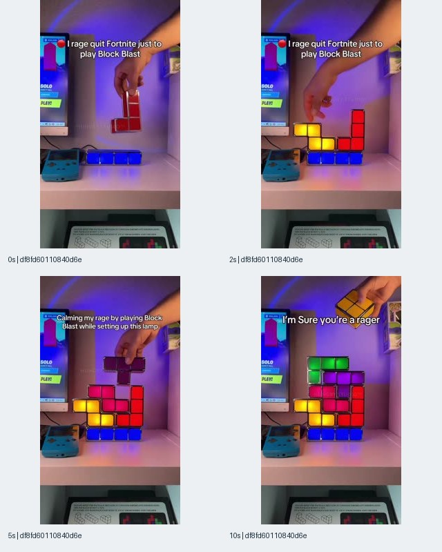 Sample 6, record df8fd60110840d6e2329f76d65aaa96d, showing a hand stacking illuminated block-lamp pieces beside a gaming screen