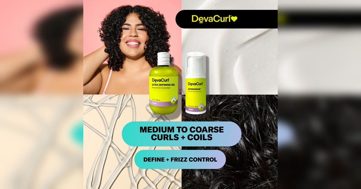 图7:DevaCurl Ultra Defining Gel 与 SuperCream 搭配卷发模特,画面写明适合中等至粗硬卷发及紧密卷曲发,并强调定型和毛躁控制
