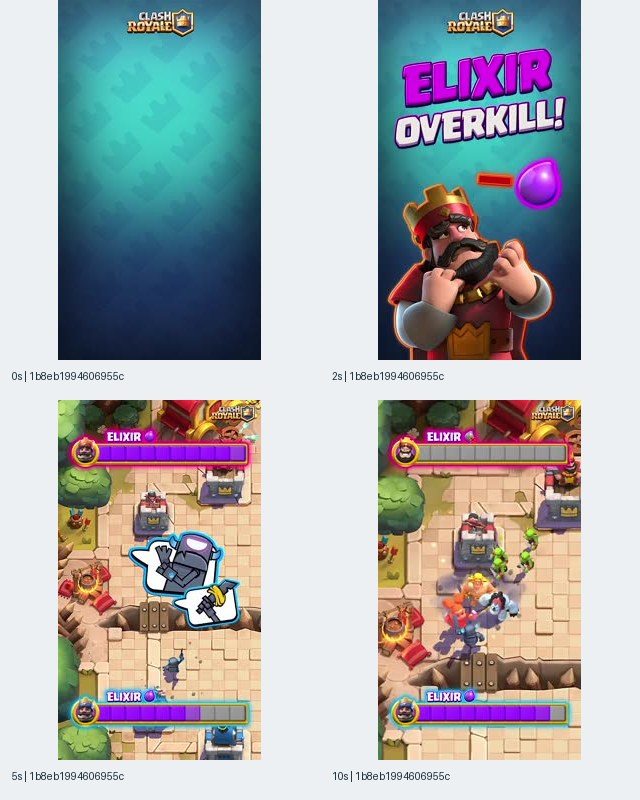 Image 4: Clash Royale iOS-linked record 1b8eb1994606955c contact sheet with Elixir Overkill text, a concerned king, and large purple elixir bars above and below arena gameplay