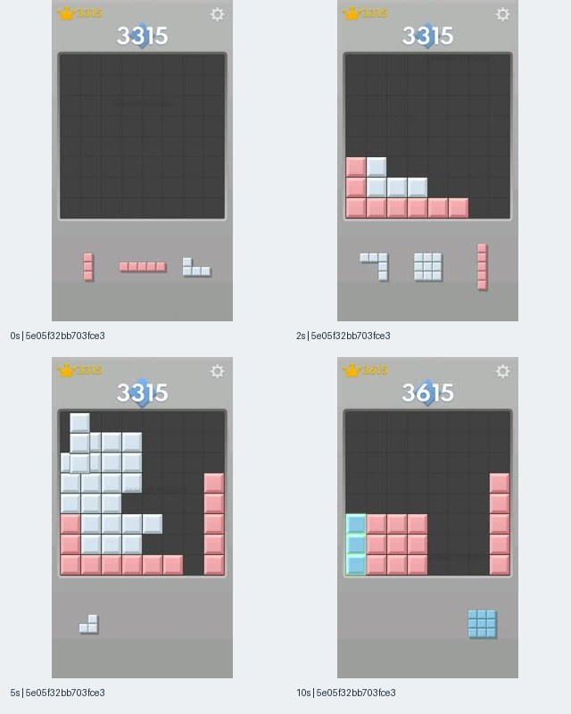 Sample 5, record 5e05f32bb703fce37a3aa5886586e2ba, showing pastel pink and blue blocks on a gray board at four timestamps