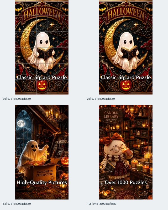 Image 4: Halloween Jigcard Puzzle contact sheet showing a reading ghost on a crescent moon, a ghost beside a Halloween decorations box, and a candlelit library character