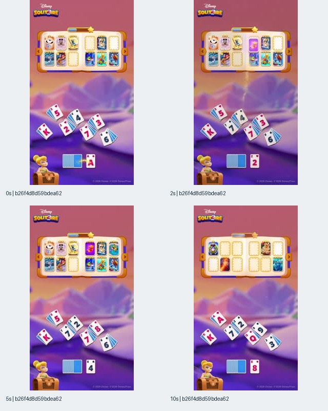 Figure 5. Disney Solitaire contact sheet for record b26f4d8d59bdea62812c652c27df2712, showing a character collection board above changing solitaire cards and Tinker Bell beside a chest.