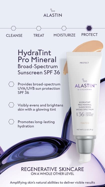 图8:ALASTIN HydraTint Pro Mineral Sunscreen SPF 36 防晒管,旁列广谱防护、均匀肤色与保湿文字,上方流程标记突出保护步骤