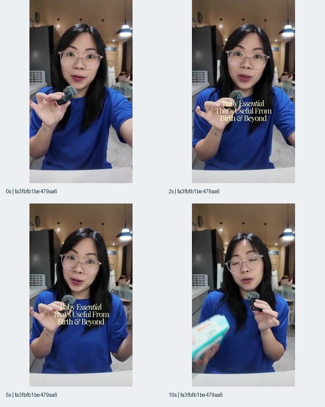 Figure 1. Mommy Chin contact sheet linked to Lazada showing a presenter, a baby-essential overlay, and a wipes package across selected frames