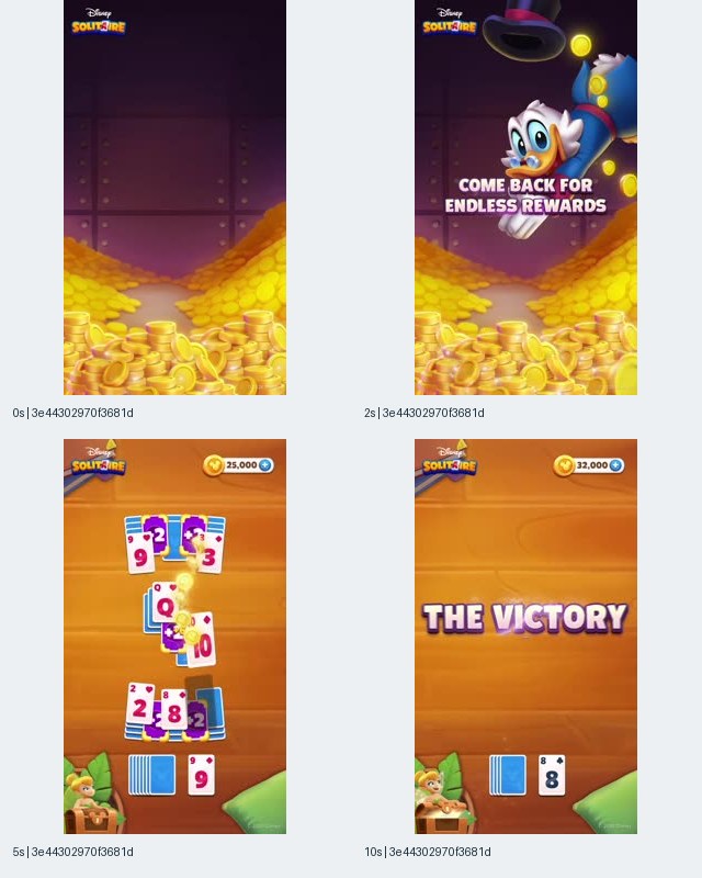 Figure 7. Disney Solitaire contact sheet for record 3e44302970f3681dff664cfffd5a9722, showing a coin vault, Scrooge McDuck, Come Back for Endless Rewards text, cards, and The Victory text.