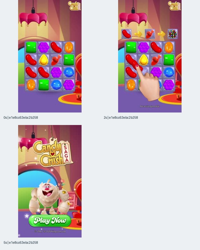 图5:关联 Candy Crush Saga iOS 条目的 e1e8cc63ebc2 记录关键帧拼图,0秒小棋盘、2秒手指与糖果变化示意、5秒角色和绿色 Play Now 按钮