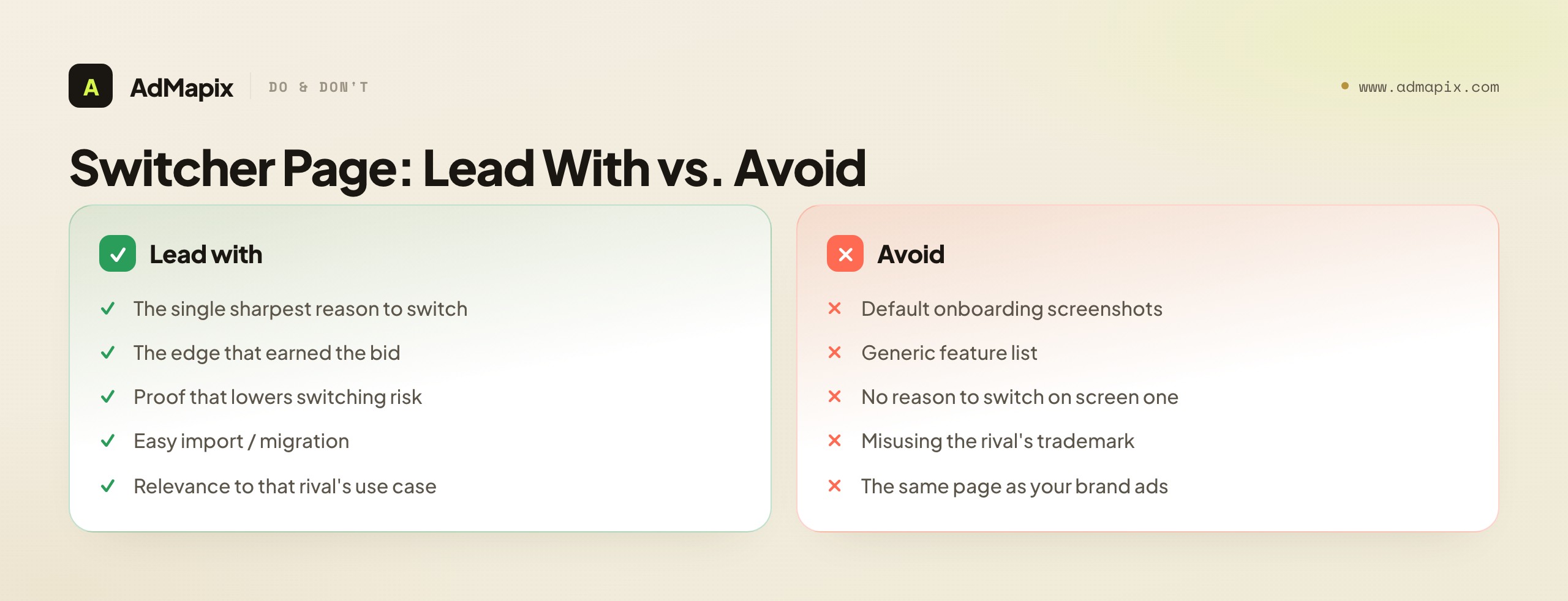 Switcher Page: Lead With vs. Avoid