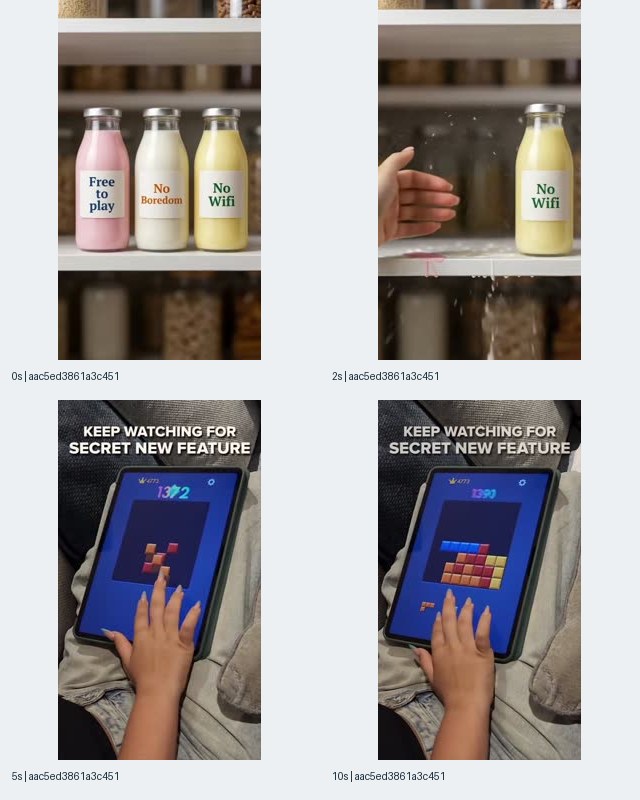 Sample 2, record aac5ed3861a3c451face7f1e2878efd6, showing labeled bottles followed by tablet gameplay and a secret-feature caption