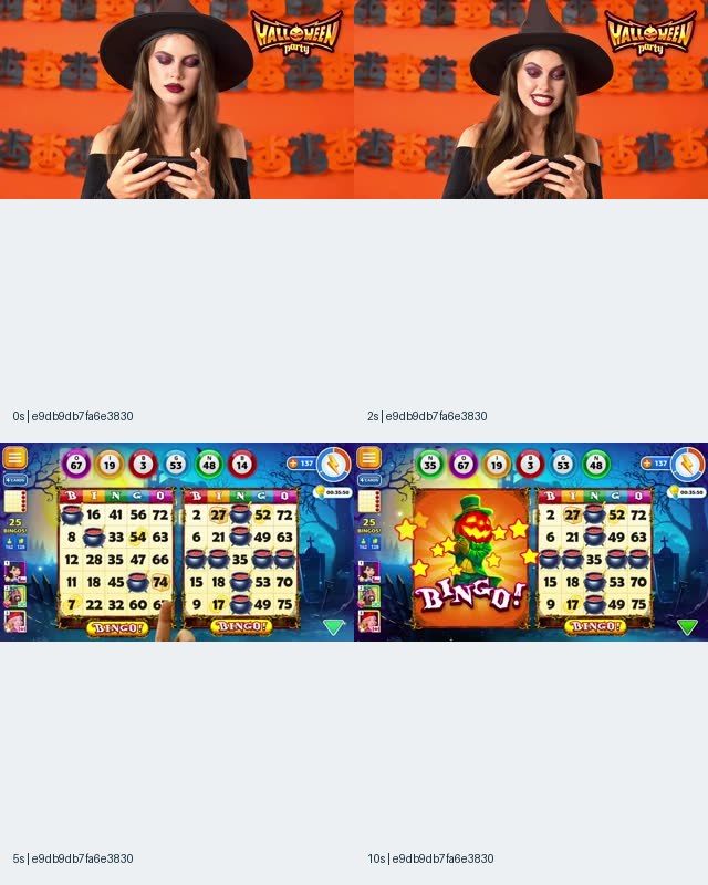 Image 7: Halloween Bingo contact sheet showing a witch-costumed presenter holding a phone against an orange background, followed by bingo boards and a pumpkin-themed Bingo result