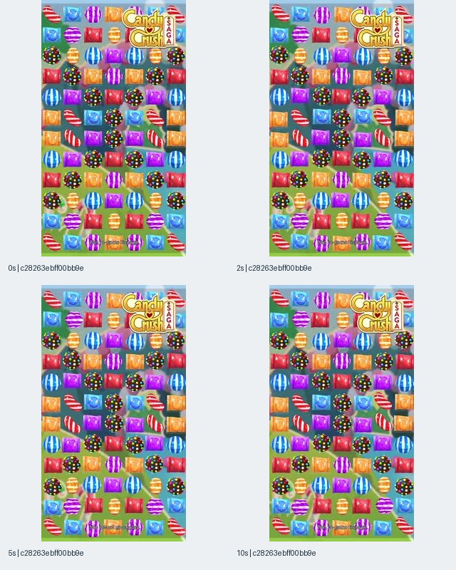 图1:关联 Candy Crush Saga iOS 条目的 c28263ebff00 记录关键帧拼图,0、2、5、10秒均展示密集糖果阵列和右上方游戏标识