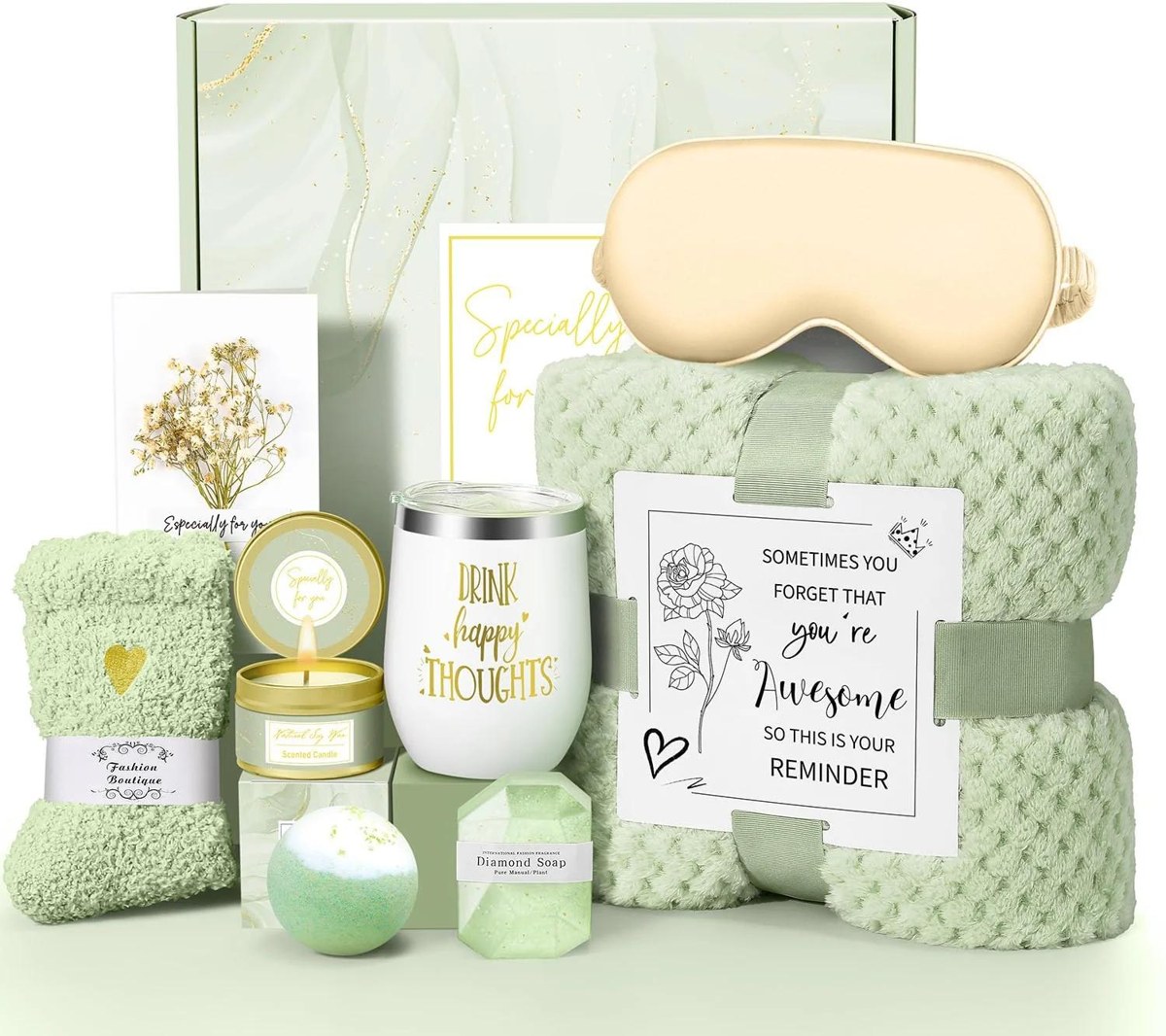 Sample 6: Coordinated green gift assortment with blanket, eye mask, tumbler, candle, socks, and bath items from an Amazon-shopping record